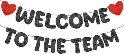 Fulmoon Pre Strung Welcome to The Team Banner with Two Heart Signs, NO DIY, Glitter Welcome Party Supplies for New Employee, Coworker, Colleague, Staff, Team Member Office Decorations(Black)