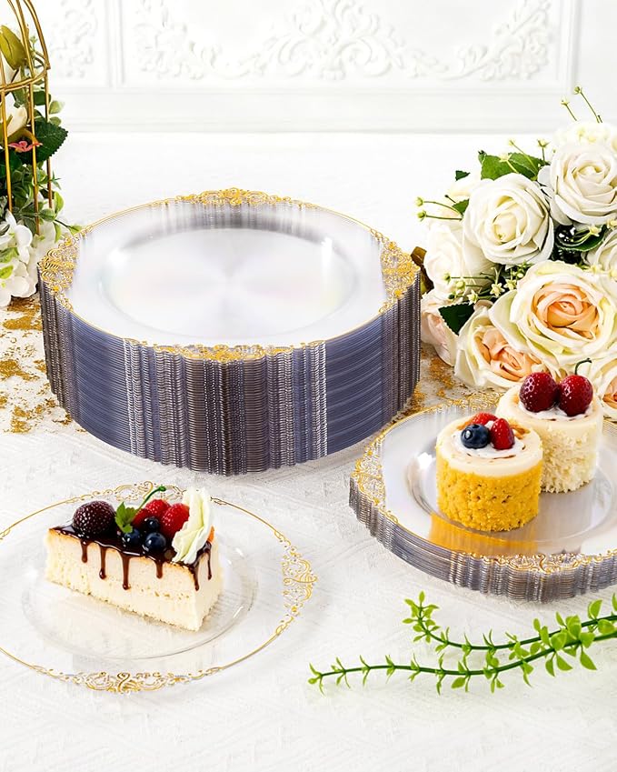 YOUBET 700PCS Clear Gold Plastic Plates - Elegant Gold Plastic Dinnerware Set Include 200 Disposable Plates, 300 Heavy Duty Silverware, 100 Cups, 100 Napkins for Wedding Party & Thanksgiving