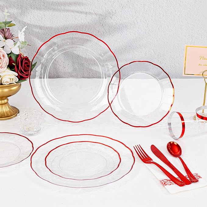 LIYH 350 Pcs Red Plastic Christmas Dinnerware Set for 50 Guests, Disposable Plastic Red Plates for Christmas Day Include: Dinner & Dessert Plates, Napkins, Cups, Silverware for Party Birthday