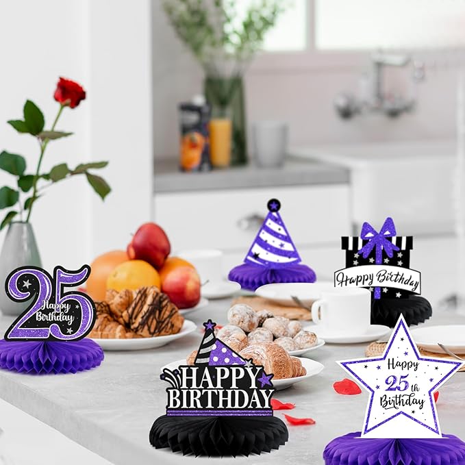 Happy 25th Birthday Decorations,25th Bday Purple Glitter Shiny Stand Honeycomb Table Centerpieces - Cheers to 25 Years Old Birthday Party Photoprop Gift Sign.