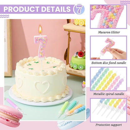 MTLEE Number 7 Birthday Candle with 12 Pcs Spiral Candles for Girls Macaron Pastel Rainbow Unicorn Pink Cake Topper for Sweet Theme Party Decoration
