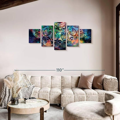 ElephantStock - Celestial Mandala Wall Art - Horizontal Multi Panel Canvas - 5 Piece Living Room Wall Decor - Digital Art Elements Multi Piece Wall Art - Turquoise And Blue Decor - 74" x 34"