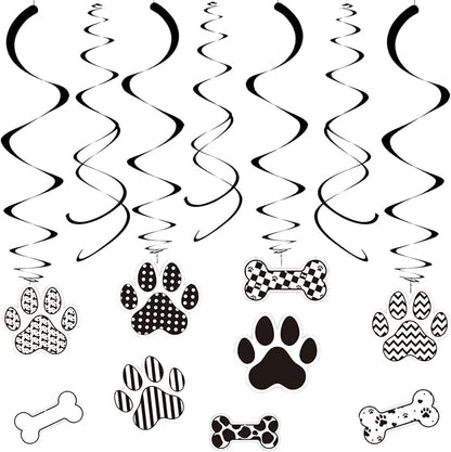 Dog BirthdayHanging Swirl Set Party Decorations, 48 Pcs, Dog Paw Bones Party Supplies Sign,White Black Grid