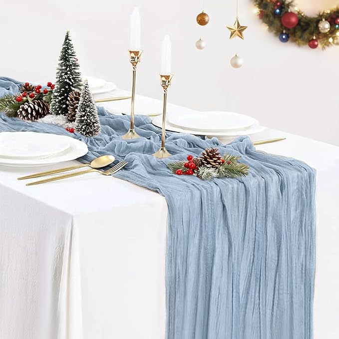 BLUETOP Dusty Blue Cheesecloth Table Runner, 10ft Boho Gauze Cheese Cloth Table Runner Rustic Semi-Sheer Runner for Wedding Bridal Baby Shower Birthday Party Christmas Decorations