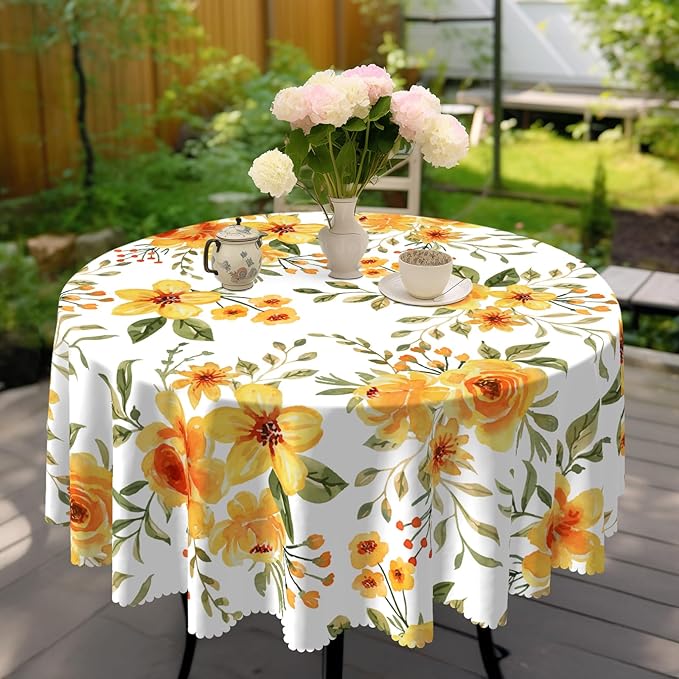 Eikione Summer Leaf Round Tablecloth 70inch,Tablecloth Waterproof and Wrinkle-Free, Red Flower Rustic Table Covers, Summer Decorations for Home