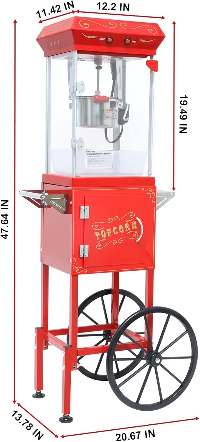 Vintage Theater Popcorn Machine with Cart - 8 Oz Commercial Kettle Makes 32 Cups, with Wheels & Warming Light for Home Theater, Parties & Office, Red