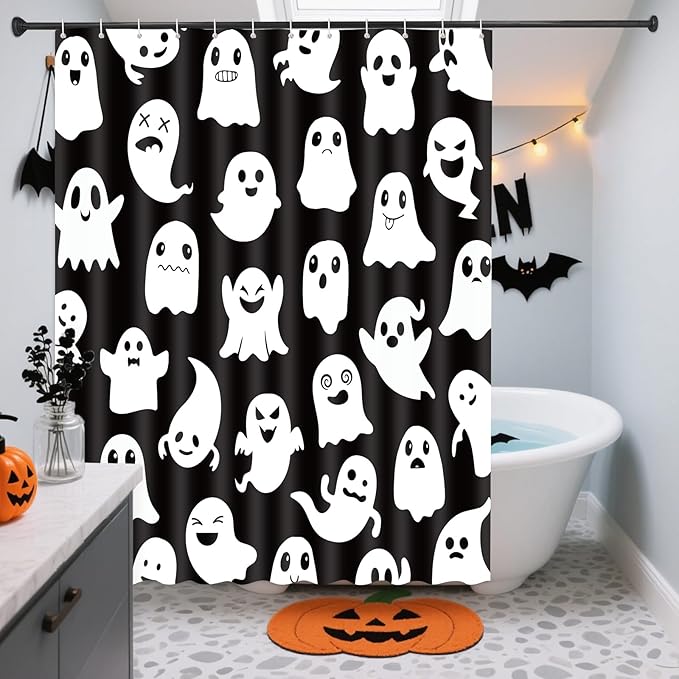 Halloween Shower Curtain, Spooky Cute Ghosts Cartoon Print, Black & White Fabric Bathroom Decor for Boys, Trick or Treat - Includes 12 Hooks and Ghost Decorations, 72x72 Inch