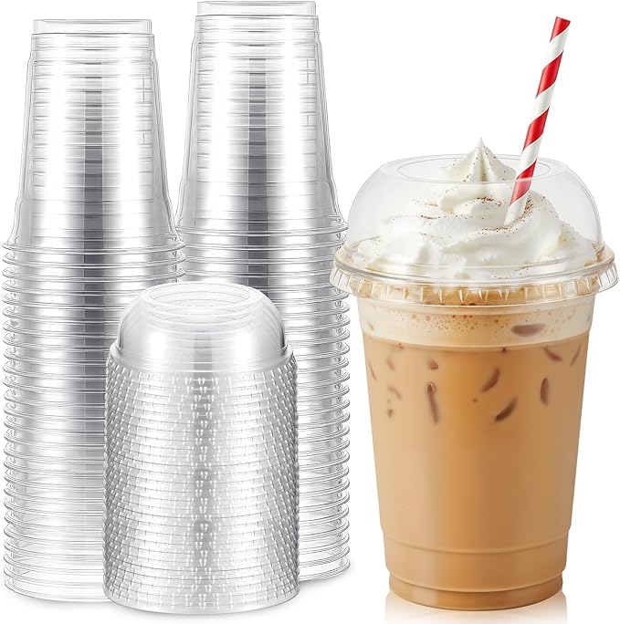 50 Set Clear Plastic Cups with Wide Dome Lids Dessert Cups with Large Hole Dome Lids Disposable Party Drink Mugs for Smoothies Iced Coffee Bubble Tea Slushies Parfaits, and More (12oz)