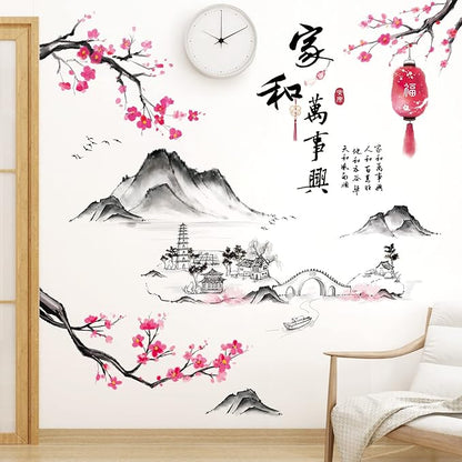Removable 3D Chinese Style Landscape Mountain Water Wall Decals Chinese Characters Family and Peace with Plum Flower Tree Branches Wall Sticker Murals for Bedroom Sofa Background Decor