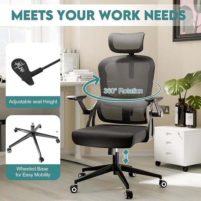 Monhey Ergonomic Office Chair, 90°-125° Tilt Back Home Desk Chair with 360° Swivel & Mute Wheels, High Back Mesh Computer Chair for Adults with Lumbar Support, 330 LBS Capacity(05Black)