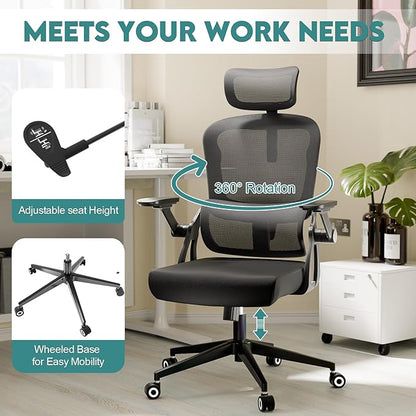 Monhey Ergonomic Office Chair, 90°-125° Tilt Back Home Desk Chair with 360° Swivel & Mute Wheels, High Back Mesh Computer Chair for Adults with Lumbar Support, 330 LBS Capacity(05Black)