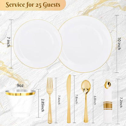KIRE 175PCS Gold Plates Disposable - Holiday Heavy Duty White and Gold Plastic Plates Dinnerware Sets - 25 for Dinner 25 for Dessert 25 Pre Rolled Napkins and 25 Cups for Birthday/Christmas/Wedding