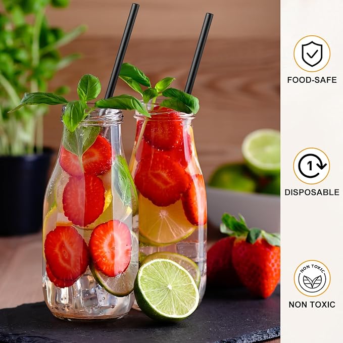 Hoolerry 2000 Pcs 8 Inch Plastic Straws Disposable Individually Wrapped Drinking Straight Long Straws, 0.24" Wide, for Hot and Cold Beverages (Black)