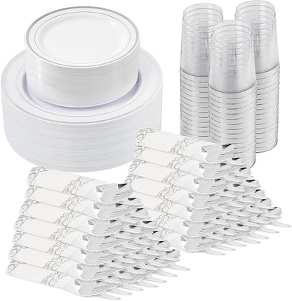 350 Pieces Silver Disposable Plates for 50 Guests, Disposable Plastic Plates for Party, Wedding, Dinnerware Set of 50 Dinner Plate, 50 Salad Plate,50 Cups and 50 Paper Napkins, Silver