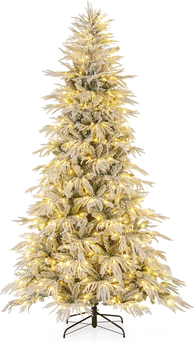 GOFLAME 8FT Pre-lit Artificial Christmas Tree, Snow Flocked Hinged Xmas Tree with 450 Warm White LED Lights, 1108 Branch Tips and Folding Metal Stand, Holiday Decoration Tree for Home Party