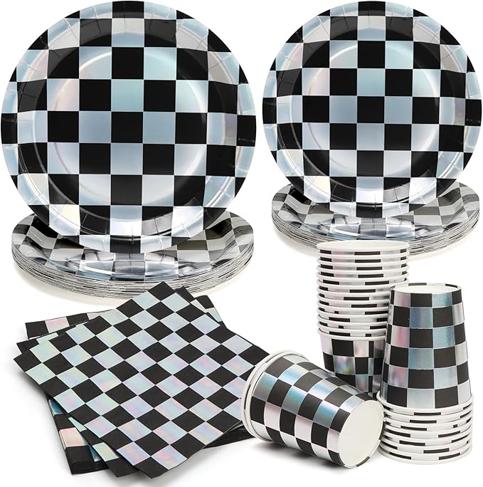 96pcs Disposable Checkerboard Pattern Tableware Set Black and White Kids Birthday Party Paper Plates Round for 24 Guests Table Supplies Picnic Tea Party (Include Plates, Cups and Napkins)