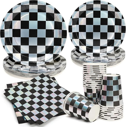 96pcs Disposable Checkerboard Pattern Tableware Set Black and White Kids Birthday Party Paper Plates Round for 24 Guests Table Supplies Picnic Tea Party (Include Plates, Cups and Napkins)