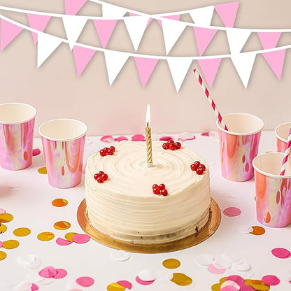 100Ft Pink and White Pennant Banner Flags String Fabric Triangle Bunting Flag,Party Decorations for Wedding,Kids Birthday,Home Outdoor Garden Hanging Festivals Decoration,60 Pcs