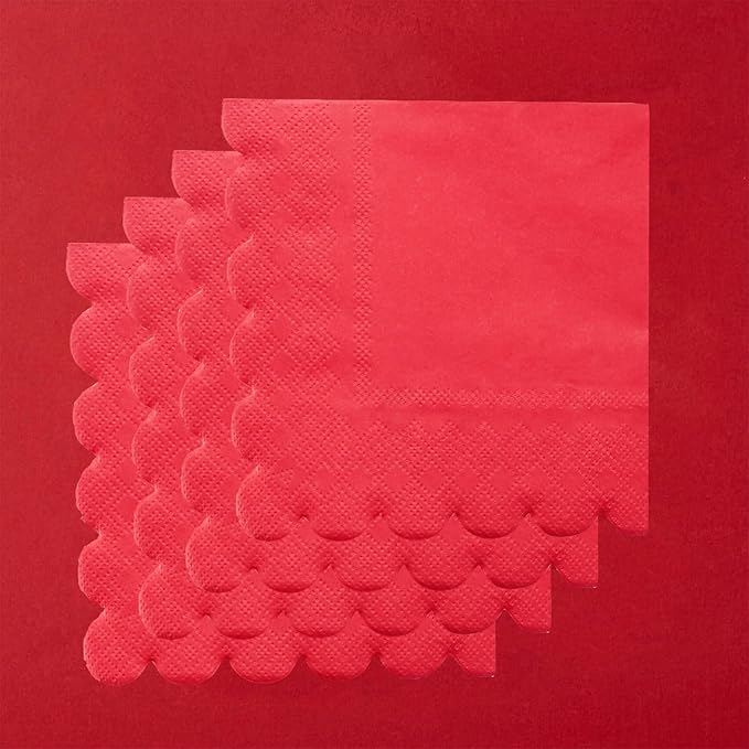 200 Pack Cocktail Napkin 2-Ply Scalloped Edged Dessert Napkins Folded 5 x 5 Inches Disposable Napkins for Dinner Wedding Birthday Party Bridal Anniversary Reception Event (Red)