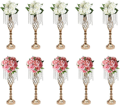 Wedding Centerpieces Gold Vases,10PCS Metal Flower Candle Holder with Sparkling Crystal Beads,Crystal Flower Vase Metal Flowers Stand for Party Tables Decorations (10PCS-Gold-14cm)