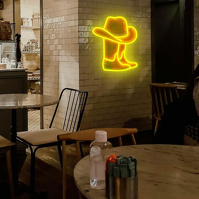 Cowboy Boot Neon Sign Cowboy Hat Neon Light 15.2”x13” Yellow Cowboy LED Sign for Wall Decor Dimmable Western Light Up Signs for Bedroom Game Room Man Cave Presents for Birthday Party Rodeo Enthusiast