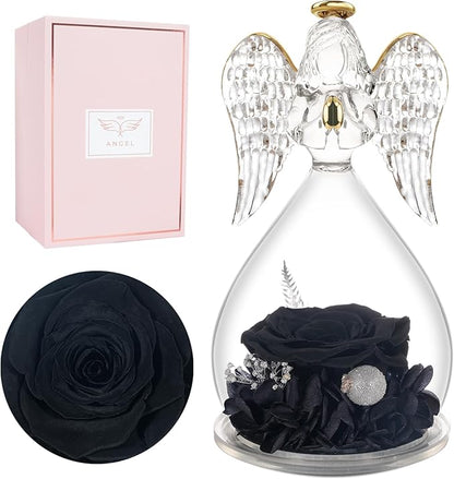 Miofula Preserved Flower Rose Birthday Gifts for Mom, Angels Figurines with Forever Real Rose Gifts for Women Mom Grandma, Angels Gifts for Valentine's Day Anniversary (Black)