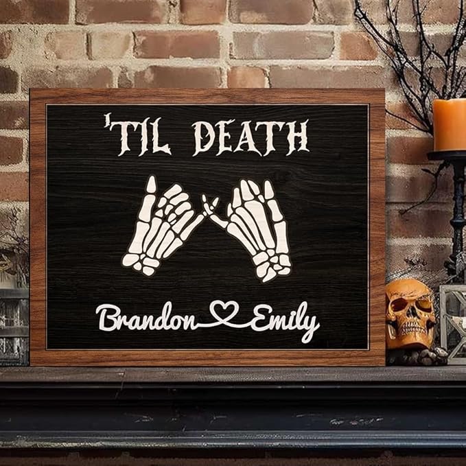 Personalized Couple Skeleton Wooden Sign, Ghost Couple Gift, Halloween Skeletons Wedding Frame Sign, Til Death Sign, Gothic Decor, Wood Sign Gifts for Birthday Valentine Engaged Bridal Party a8