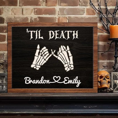 Personalized Couple Skeleton Wooden Sign, Ghost Couple Gift, Halloween Skeletons Wedding Frame Sign, Til Death Sign, Gothic Decor, Wood Sign Gifts for Birthday Valentine Engaged Bridal Party a8