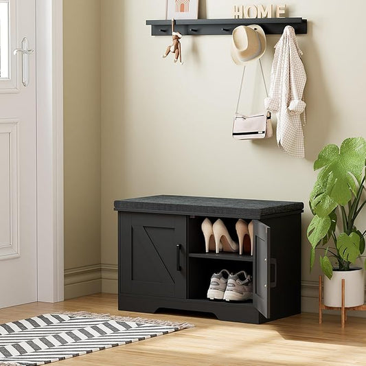 2-Tier Storage Bench, 27.6" Wide Shoe Bench with Padded Seat Cushion, Entryway Bench with 2 Barn Doors and Adjustable Shelf, Black