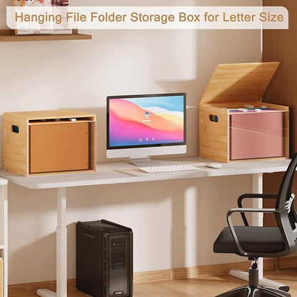 Acrylic File Organizer with Lid, Bamboo File Box with Handle, Hanging File Folder Organizer, Portable Filing Organizer File Crate Storage Box for Home Office Classroom, Letter Size