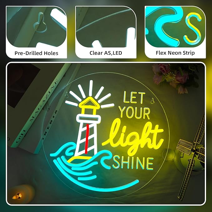 Lighthouse Let Your Light Shine Neon Sign Sunset Sunrise Sea Light for Wall Decor Man Cave Bedroom Bar Living Room Club Gift Lighthouse Neon Decoration