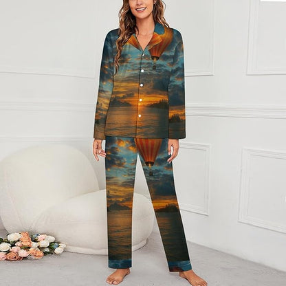 Lemons Leaves Ceramic Style Womens Pajama Set Long Sleeve Pajamas Top And Pants Soft Loungewear Pjs Sets