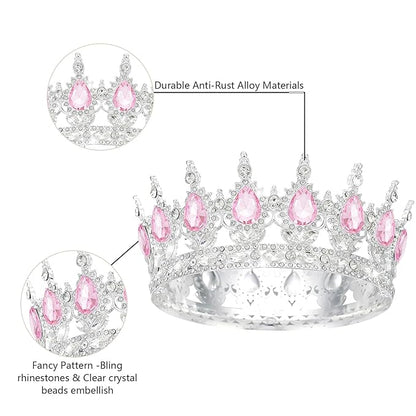 Queen Crown Rhinestone Wedding Tiaras for Women Costume Party Hair Accessories Princess Birthday Tiara Crystal Bridal Crown (Silver Pink-1)