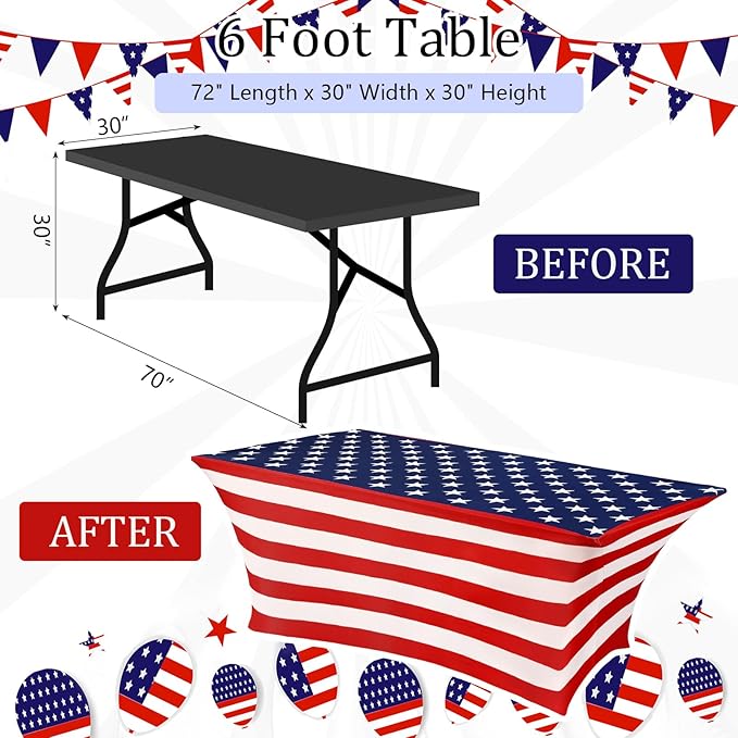 Oudain 2 Pcs Red White and Blue Star Stretch Table Cover 6 Feet Patriotic Spandex Table Clothes American Star Party Decorations for Independence Day Veterans Memorial Day Events Party Celebration