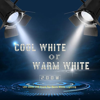 SHEHDS LED Par Lights COB 200W Linear Zoom Spotlights Wash Lights with Barn Door Warm White(3000k) & Cool White(5700k) Stage Light DMX512 Sound Activated DJ Light for Church Wedding Theater-1 Pack