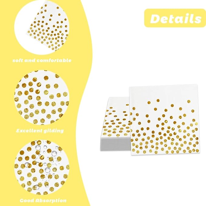 200 Pcs Unfold Size 13x13 Inch Disposable White Rose Gold Dot Paper Napkins