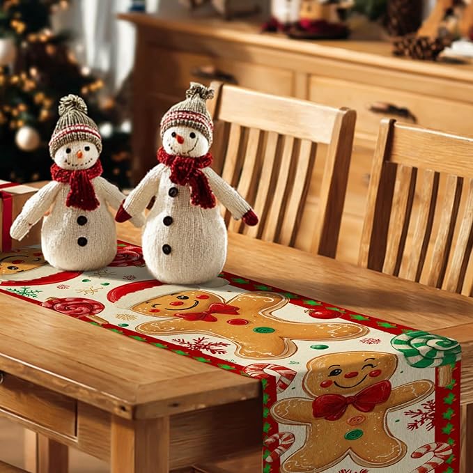 Christmas Gingerbread Table Runner 13x72 in Winter Table Runner Burlap Farmhouse Dining Tables Decoration with Candy Canes Red Green Christmas Design Holiday for Kitchen Dining Party Decor