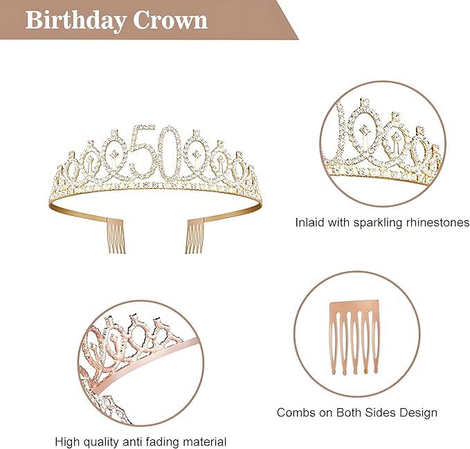 50th Birthday Decorations for Women - Rose Gold Crown Kit with Happy Birthday Banner, Foil Balloons, Backdrop, Sash & More - High - Quality, Diverse Party Items for Effortless Setup