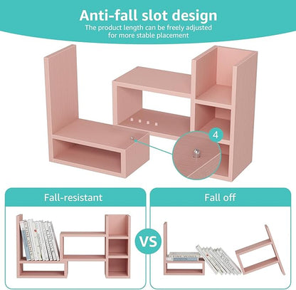 Desk Shelves Desktop Organizer Shlef - Pink Office Organization for Top of Desk Organizers and Accessories Corner Bookshelf Table Top Shelving Small Hutch Decorations for Office
