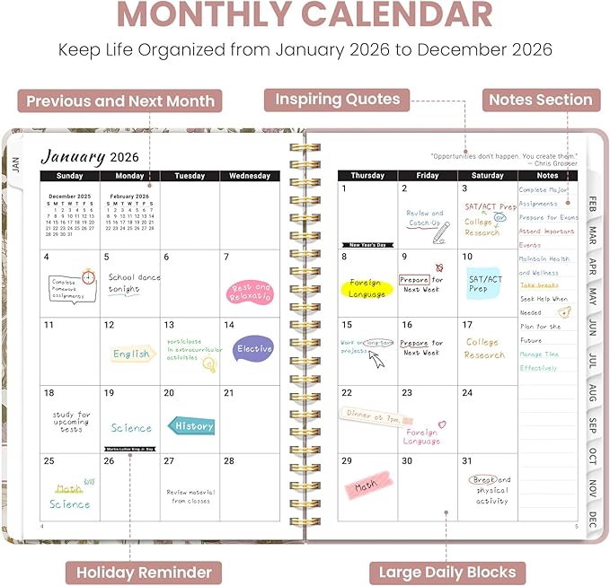 2026 Planner, Weekly and Monthly Planner for Women, Jan 2026 - Dec 2026 Pretty 2026 Calendar Planner with Monthly Tabs, Inner Pocket, Spiral Binding, Perfect for Office Home School - 6.3" x 8.5", Pastel Floral