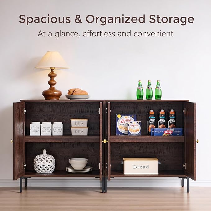 Modern Buffet Cabinet with Storage, 34" Tall Fluted Arched Sideboard Cabinet w/Adjustable Shelves, Wooden Modular Coffee Bar for Dining Room, Kitchen, Living Room, Entryway, Brown