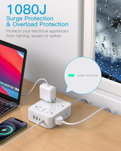Extension Cord 15 Ft, HANYCONY 1080J Surge Protector Power Strip Long Cord with 8 AC Outlets and 4 USB Ports (2 USB-C), Wall Mount, Desk Charging Station for Home Office College Dorm Room Essentials