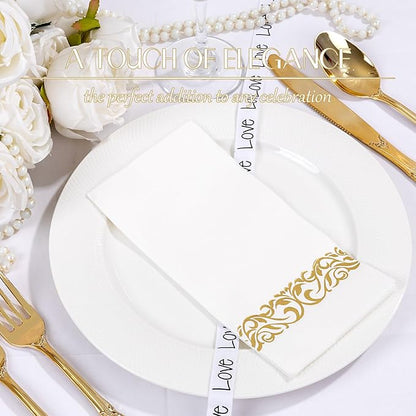 50PCS Gold Napkins Disposable - White and Gold Paper Napkins - Cloth-Like Feel Dinner Paper - Elegant Heavy Duty Hand Towels for Bathroom Thanksgiving Party Bridal Decorative Reception