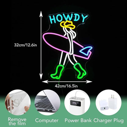 Surfer Neon Sign LED USB Howdy Cowboy Light Up Sign for Wall Decor Dimmable Lady Surfboard Neon Light for Seaside Sand Beach Surf Clubs Cowboy Room Decor(Multicolored)