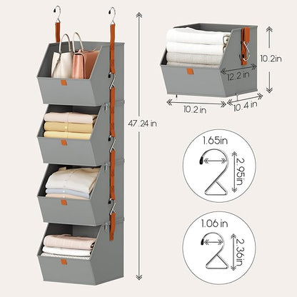 Hanging Closet Organizer 4 Tier - Clothes Hanging Shelves, Space-Saving Closet System, Fabric Storage Bins Bedroom Organization, Collapsible Baskets for Home, Dorm, Rv, Grey, 8 Pack