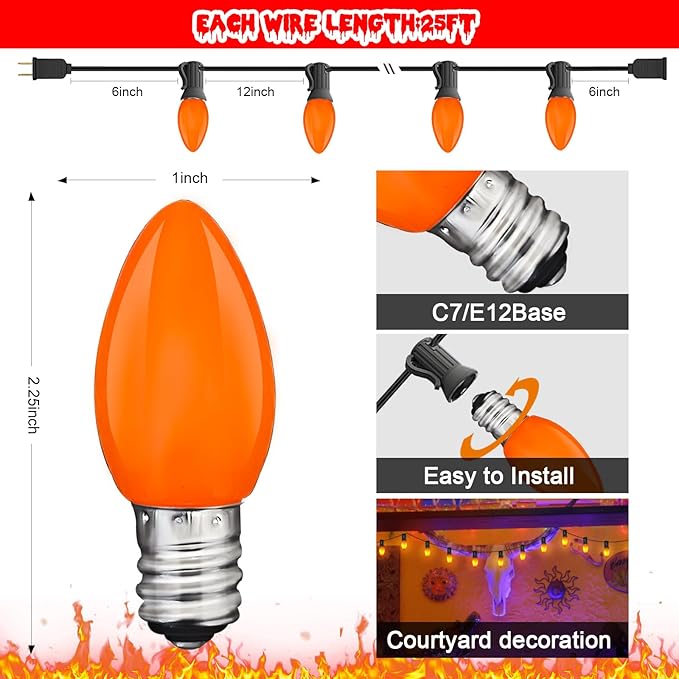 GOOTHY C7 LED Outdoor Halloween Lights 25Ft Orange Halloween Decoration String Lights with 27 Shatterproof Orange LED Bulbs, Hanging Outdoor Patio Lights for Christmas Party Patio Wedding Holiday
