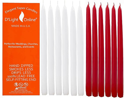 D'light Online Elegant 12" Holiday Taper Candles Premium Quality- Unscented, Hand-Dipped Tapered Candles, Dripless and Smokeless - Set of 12 (12 Inch, Holiday)