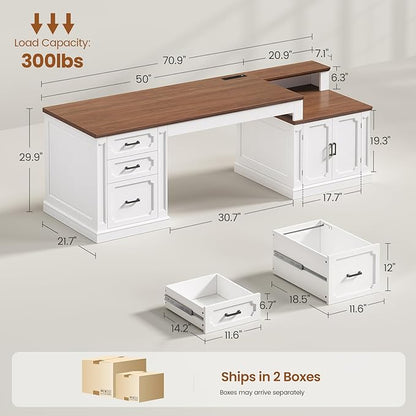 SEDETA 70.9" Executive Desk, Farmhouse Office Desk with Drawers and Storage Cabinet, Power Outlet, Computer Deskfor Home Office, Work Study Writing, White