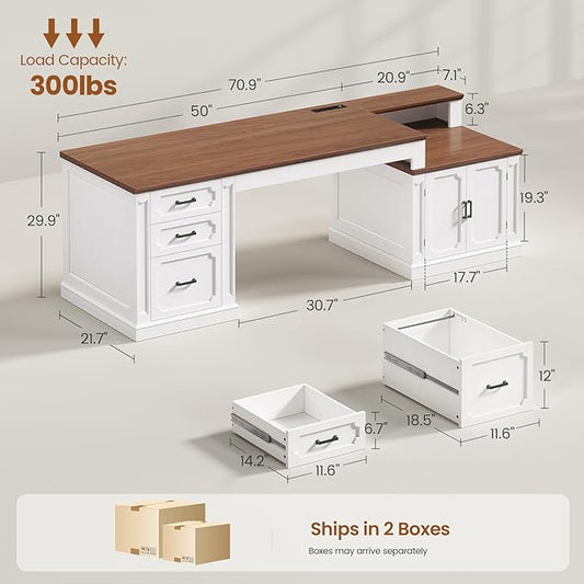 SEDETA 70.9" Executive Desk, Farmhouse Office Desk with Drawers and Storage Cabinet, Power Outlet, Computer Deskfor Home Office, Work Study Writing, White