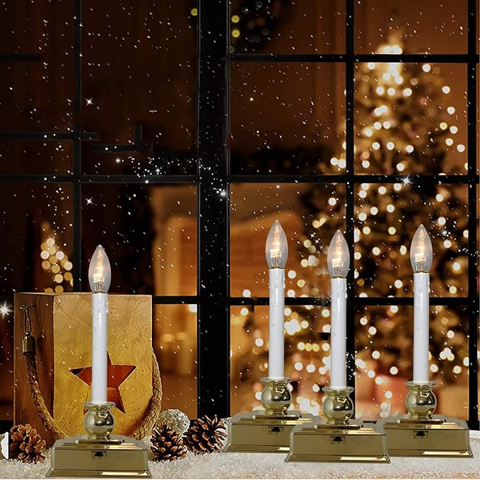 4 Pack Christmas Window Candles, 12 Inch Battery Operated LED Window Candles with Timer (8/16 Hour), 3V C26 Clear LED Bulb, Flameless Window Candle Lights for Christmas Table Party Decor-Gold Base